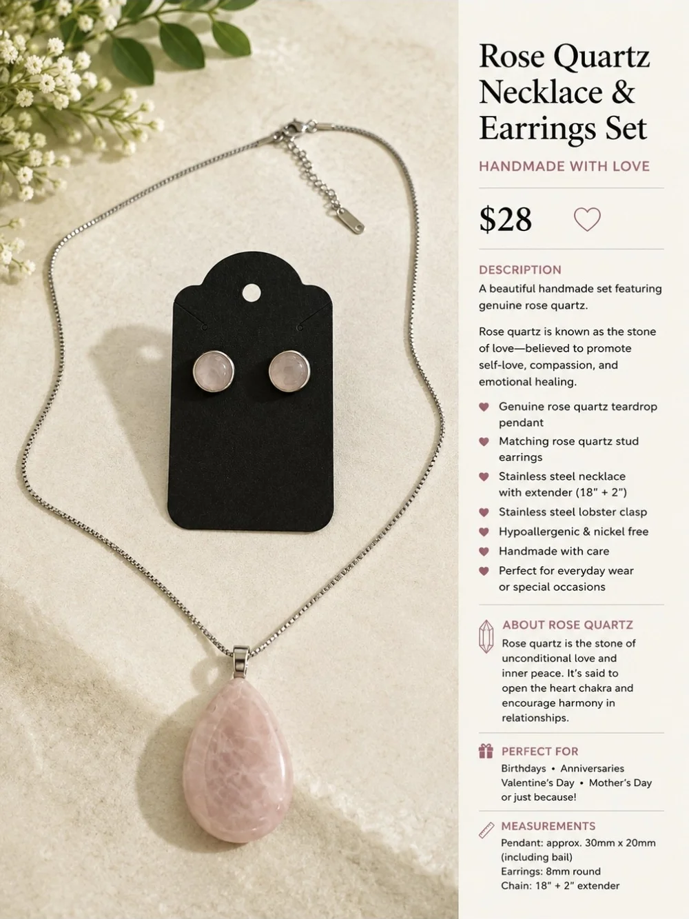 Handmade Rose Quartz Teardrop Necklace & Stud Earrings Set | Stainless Steel
